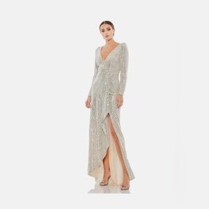 IEENA Mac Duggal Champagne Sequin Faux Wrap Gown Size 4 Long Sleeve